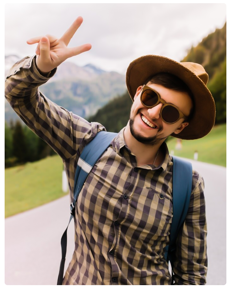 A man traveling with a backpack, wearing a hat, sunglasses and making the peace sign