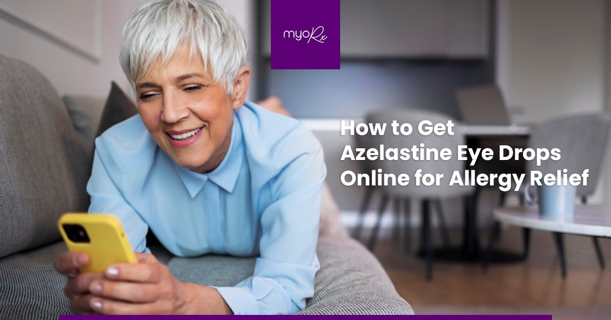 Woman using her phone from her home to get azelastine eye drops online